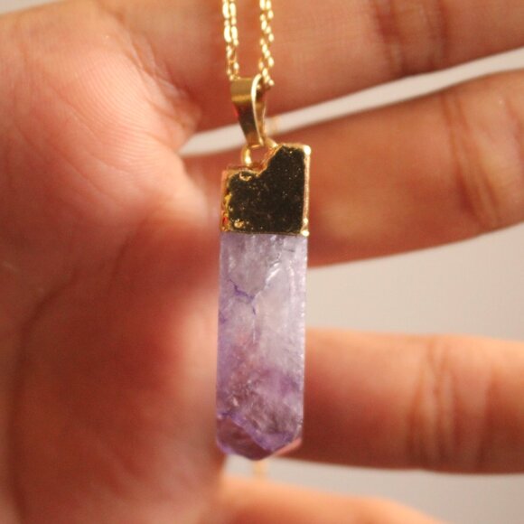 Raw Amethyst Crystal Pendant Necklace – Gold Trim Spiritual Healing Stone - Picture 4 of 4